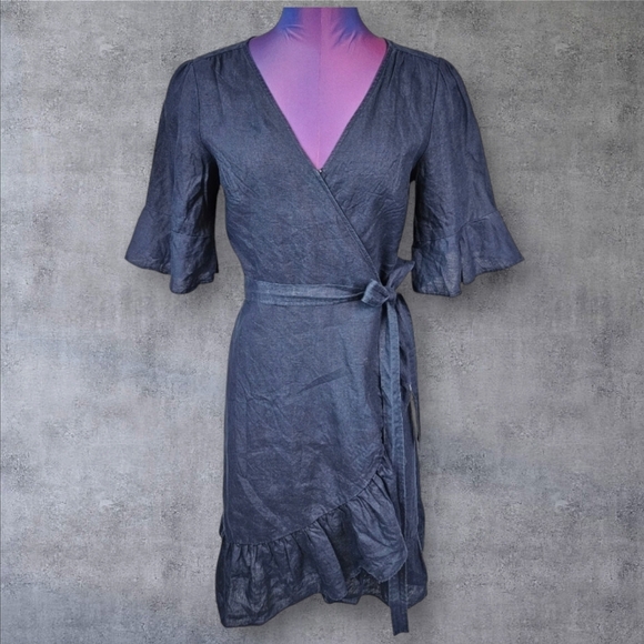 Gap Navy 100% Linen Ruffle Wrap Dress‎ Tulip Short Sleeve Size Small Women's - Picture 1 of 10